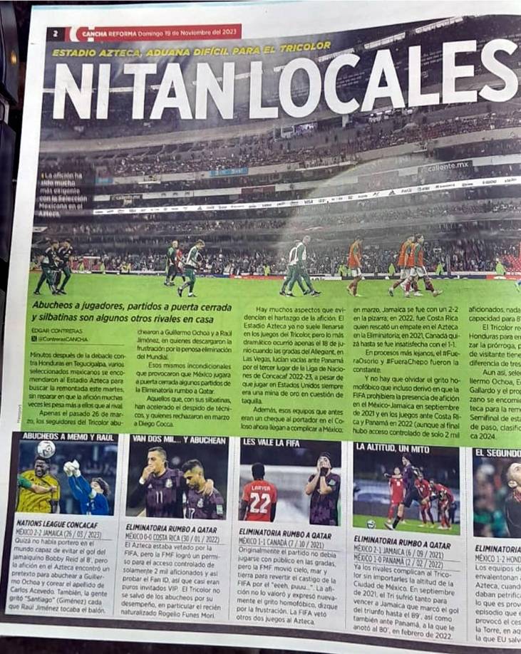 Cancha resalta que a México se le pone complicado el Azteca en estas situaciones. “Ni tan locales”. “Aduana difícil para el Tricolor”.