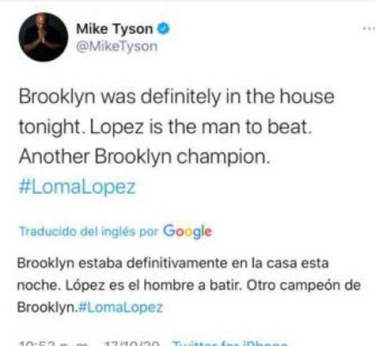 Mike Tyson: El legendario exboxeador le dio su bendición a Teófimo López en las redes sociales: 'Estaba definitivamente en la casa hoy. López es el hombre a batir. Otro campeón de Brooklyn', escribió.