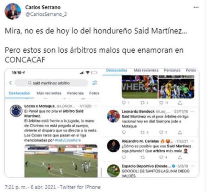 Periodista tico Carlos Serrano cargó contra el catracho - “Mira, no es de hoy lo del hondureño Said Martínez... Pero estos son los árbitros malos que enamoran en Concacaf“.