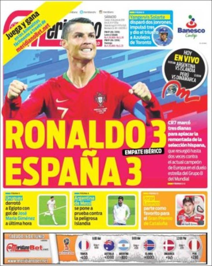 Diario Meridiano de Venezuela no se anduvo por las rama. Fue 'un 3-3 entre Cristiano y España'.