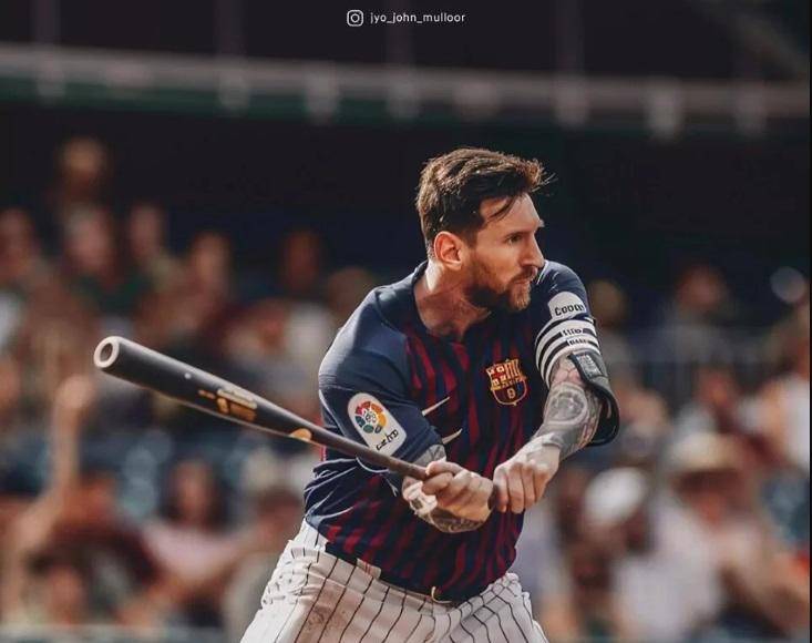 Lionel Messi, actual jugando del Inter de Miami de la MLS, jugando al béisbol en las Grandes Ligas con la camisa del Barcelona. La mayoría de las imágenes fueron creadas por @jyo_john_mulloor.
