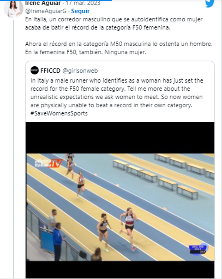 “En Italia, un corredor masculino que se autoidentifica como mujer acaba de batir el récord de la categoría F50 femenina. Ahora el récord en la categoría M50 masculina lo ostenta un hombre. En la femenina F50, también. Ninguna mujer”, comentaron en redes sociales.