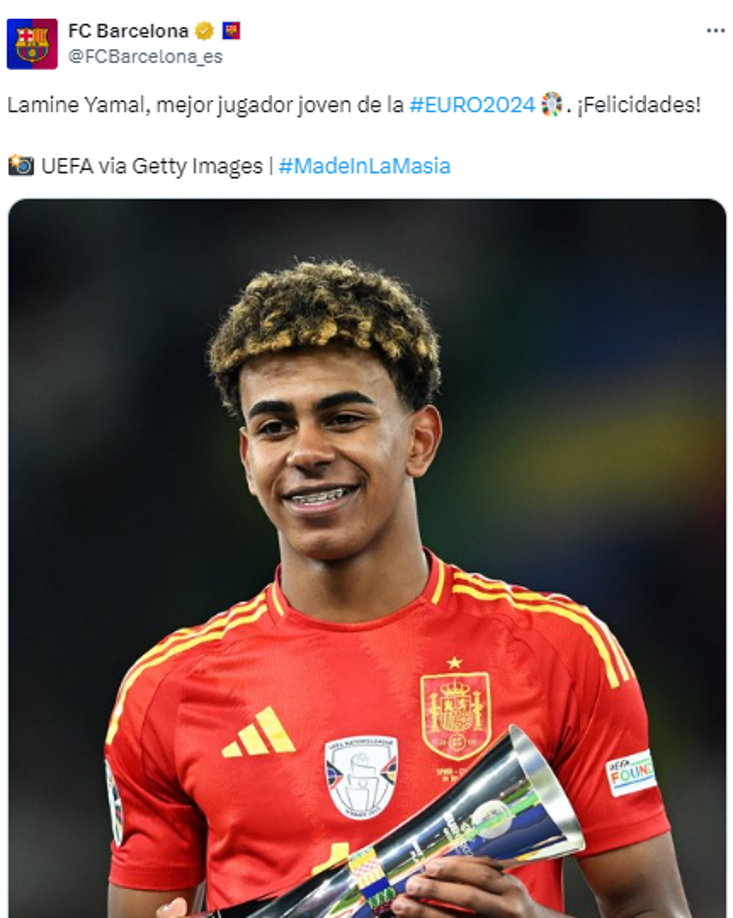 El Barcelona compartió sus felicitaciones para Lamine Yamal tras ganar el premio como jugador más joven.