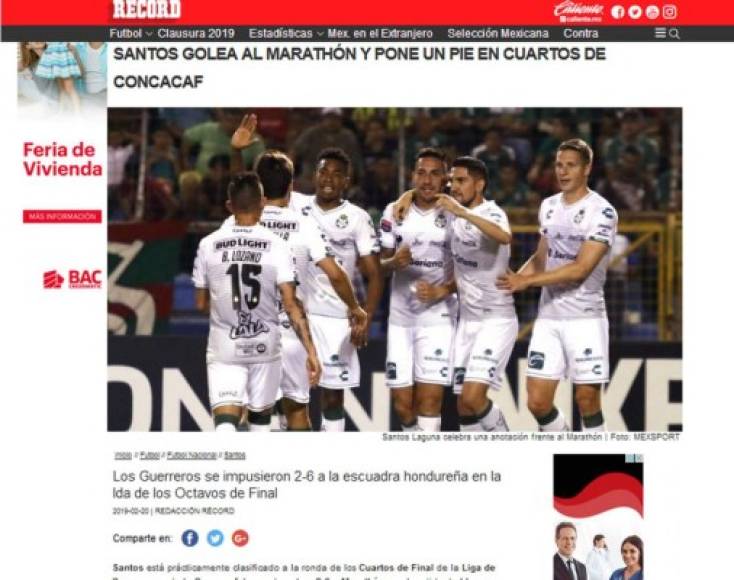 Diario Récord de México - 'Santos golea al Marathón y pone un pie en Cuartos de Concacaf. 'Los Guerreros se impusieron 2-6 a la escuadra hondureña en la Ida de los Octavos de Final'.