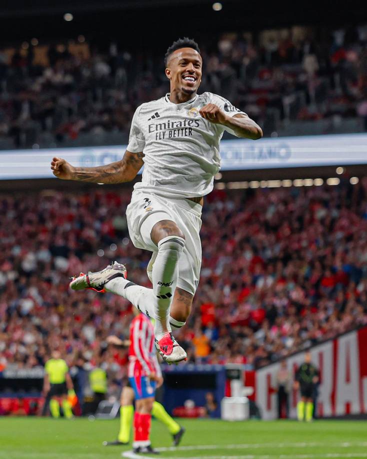 La celebración de Éder Militao tras su gol contra el Atlético de Madrid.