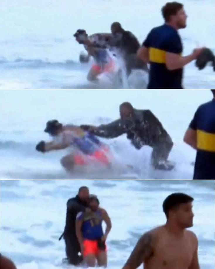Un policía se metió hasta el mar para detener a un aficionado de Boca Juniors que intentaba escapar del relajo.