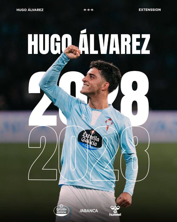OFICIAL / El internacional sub-21 Hugo Álvarez, autor del gol del empate del RC Celta frente al FC Barcelona (2-2), amplió este martes su contrato con la entidad gallega hasta el 30 de junio de 2028.