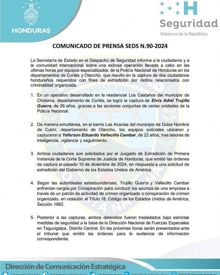 Según las autoridades estadounidenses, Trujilo Guerra y Vallecilo Cambar enfrentan cargos por Conspiración para conducir los asuntos de una empresa a través de un patrón de actividad de crimen organizado o conspiración de crimen organizado, en violación al Título 18, Código de los Estados Unidos de América, Sección 1962, detalló la Secretaría de Seguridad.