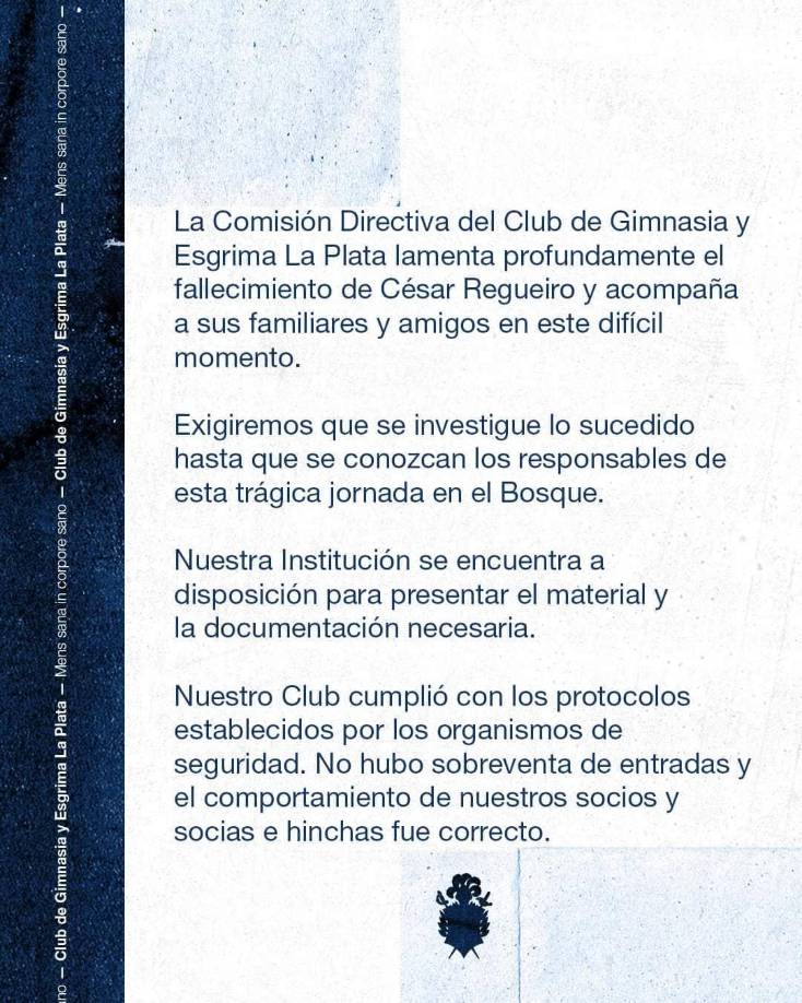 El club Gimnasia y Esgrima de La Plata emitió un comunicado donde lamentó la muerte de su aficionado.