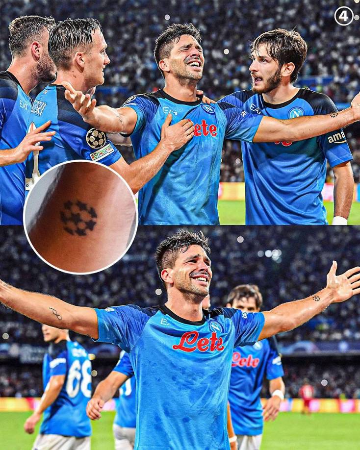 “Tenía 13 años cuando me hice mi primer tatuaje. En realidad no te puedes tatuar antes de los 18 años, pero era un gran fanático de la Champions League. Entonces me hice el logo a edad edad”, confesó el jugador argentino. Giovanni Simeone dijo que su papá no lo dejaba hacerlo y su mamá le preguntó la razón y el respondió: “El día que logre marcar mi primer gol ahí, me besaré el tatuaje”.
