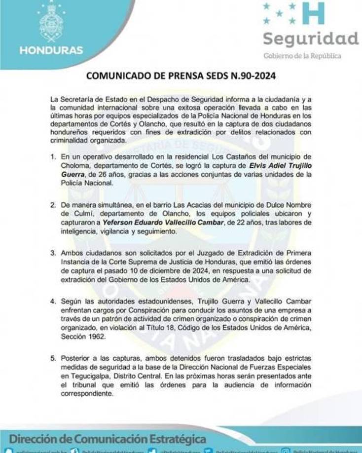 Los dos hondureños fueron capturados casi cuatro meses después de que el Gobierno hondureño diera por terminado el tratado de extradición bilateral con EE.UU., un acuerdo que sigue vigente hasta el 28 de febrero de 2025, luego de que la presidenta del país, Xiomara Castro, argumentó “injerencias” de la embajadora estadounidense Laura Dogu.