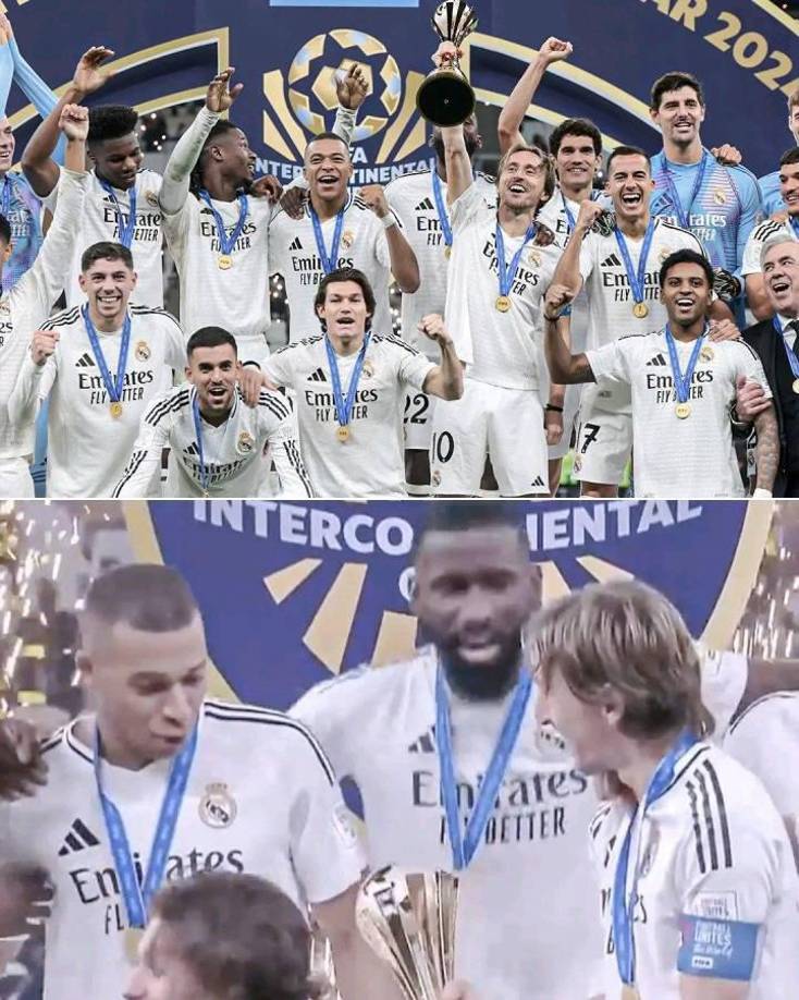 El croata rápidamente le pasó el trofeo a Kylian Mbappé, que consiguió su segundo título con Real Madrid.