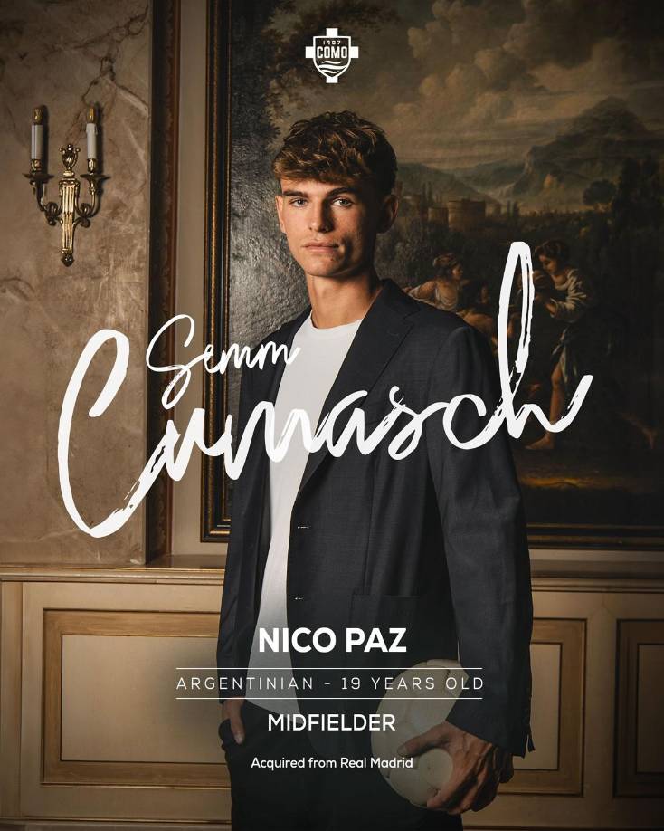 El Como de la Serie A, equipo que dirige Cesc Fábregas, anunció la incorporación del mediocentro argentino Nico Paz, procedente del Real Madrid. Llega a cambio de 6 millones de euros y firma por cuatro años.