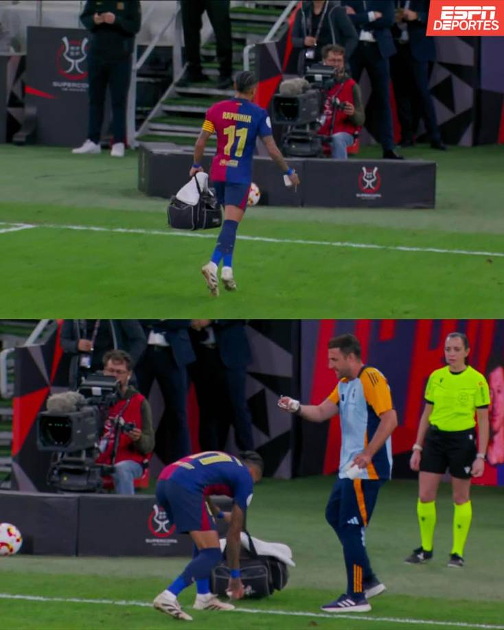 Raphinha sacó el maletín del cuerpo médico del Real Madrid afuera del campo. Le recriminaron al brasileño su acción.