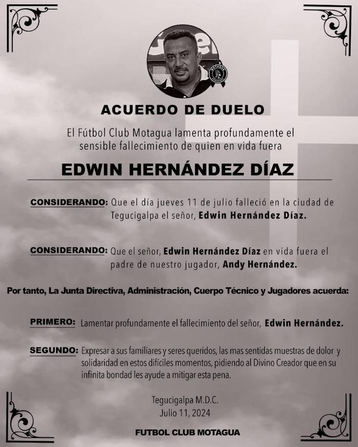 El Motagua publicó una nota de duelo por la muerte de Edwin Hernández Díaz.
