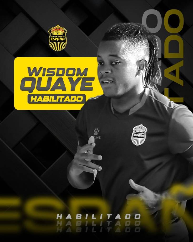 Wisdom Quayé - El lateral derecho ya cumplió con el castigo que le impuso la FIFA al dar positivo de doping y ya está habilitado para comenzar a trabajar nuevamente con el Real España. Es la segunda alta de la Máquina para la próxima temporada.
