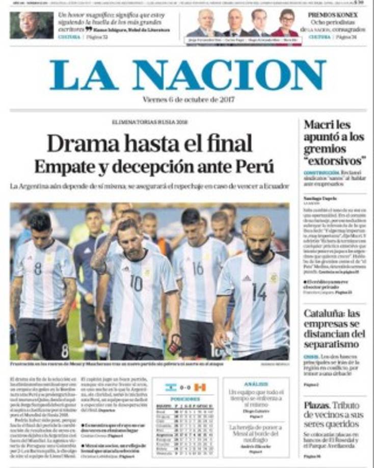 Brasil lidera la terna con 38 puntos, seguido por Uruguay (28), Chile (26) y Colombia (26), que están en los puestos de clasificación directa.<br/><br/>Perú, con 25 unidades, es quinto y ocupa la posición que permite jugar una repesca ante Nueva Zelanda, mientras que Argentina es sexto con 25 enteros y Paraguay séptimo con 24.