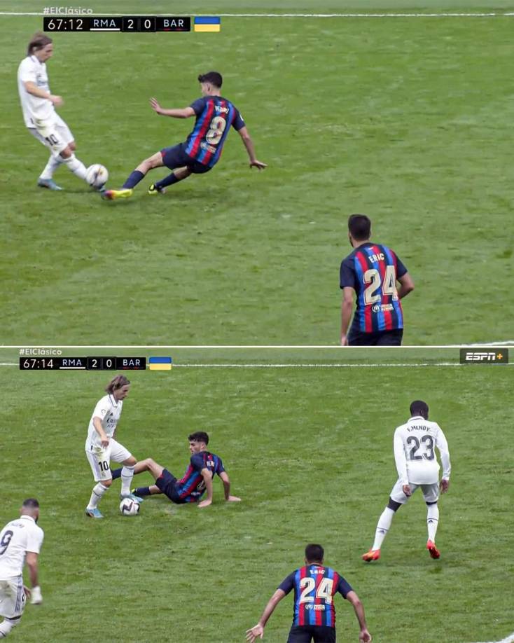 Olé: Luka Modric dejó en el suelo a Pedri en esta acción. 