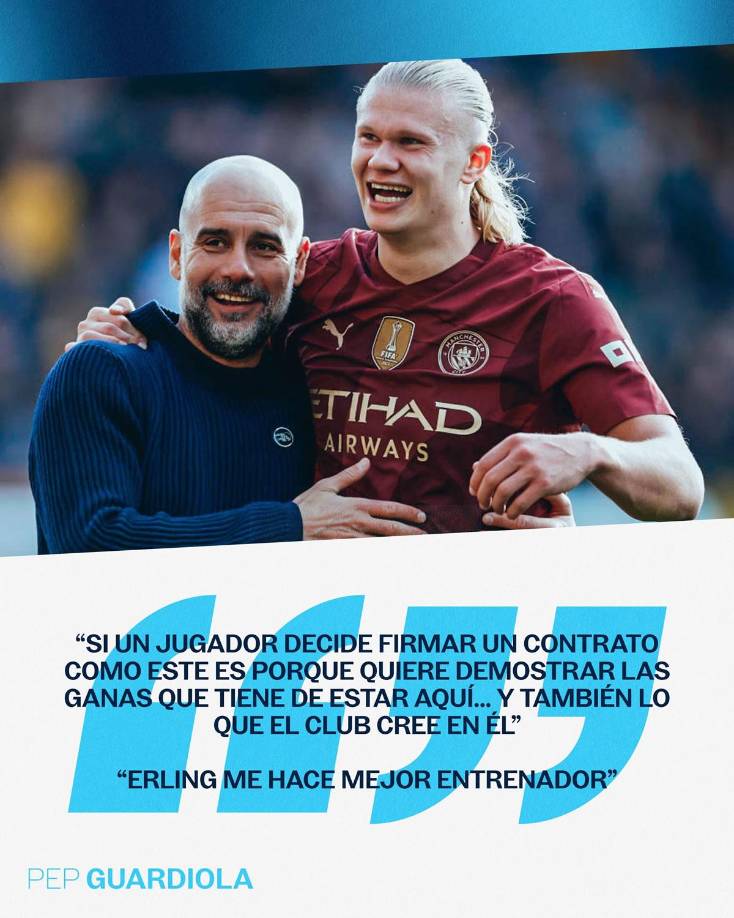 “Cuando Erling firmó nos felicitamos mutuamente. Él me hace un mejor entrenador. Me ayuda”, dijo Pep Guardiola tras la renovación de Haaland.