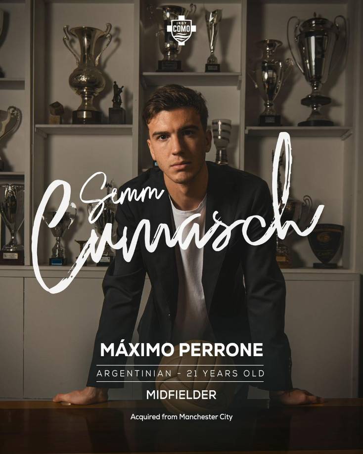 El Como de Cesc Fàbregas no está perdiendo el tiempo en el mercado de fichajes y ha hecho oficial una nueva incorporación más. En este caso es el jugador del Manchester City, Máximo Perrone, que llega en calidad de cedido por un año con posibilidad de alargarlo con el fin de reforzar la medular.