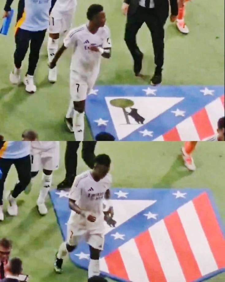 El buen gesto de Vinicius con el Atlético de Madrid. El brasileño pasó por un lado del escudo del club colchonero.