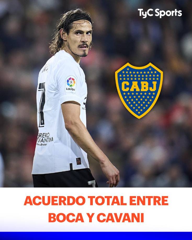 Informa TyC Sports de Argentina que Cavani y el Boca Juniors han logrado un acuerdo. Esto luego de que el uruguayo se desvinculó del Valencia, el veterano de 36 años viajará primero a Uruguay y después firmará.