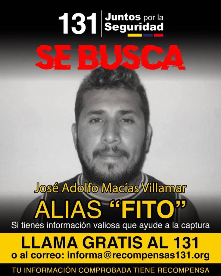 AME8440. QUITO (ECUADOR), 10/01/2024.- Imagen tomada de la cuenta en X de las Fuerzas Armadas de Ecuador que muestra el cartel de requerimiento de José Adolfo Macías Villamizar, alias Fito. La jornada de terror vivida el martes en Ecuador con la toma de un canal de televisión y motines con rehenes en cárceles vino precedida de la presunta fuga de José Adolfo Macías 'Fito', el capo de 'Los Choneros', la banda criminal más numerosa del país y una de las más violentas. EFE/ Cortesía Fuerzas Armadas de Ecuador/SOLO USO EDITORIAL/SOLO DISPONIBLE PARA ILUSTRAR LA NOTICIA QUE ACOMPAÑA (CRÉDITO OBLIGATORIO) 