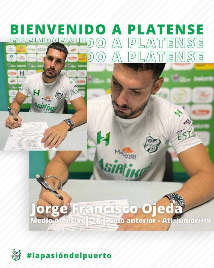 El Platense también hizo oficial la contratación de Jorge Francisco Ojeda, un volante ofensivo de 26 años que llega procedente del Atlético Júnior de El Negrito, Yoro.