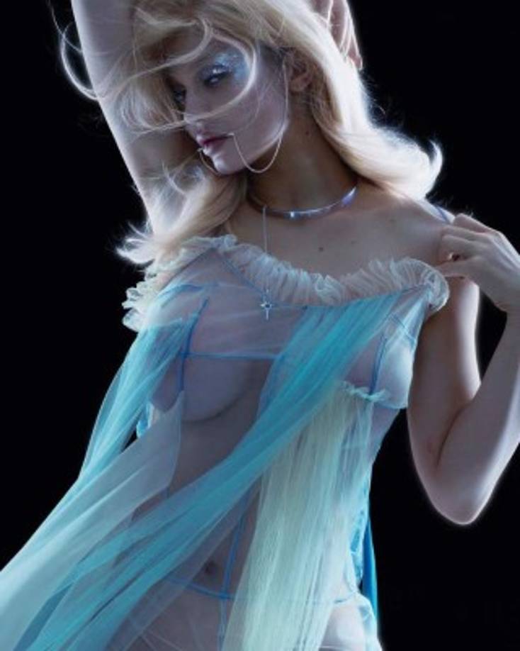 La empresaria de 20 años posó con los reveladores atuendos y una peluca rubia platinada con ondas y cejas metálicas frente a la cámara.<br/>