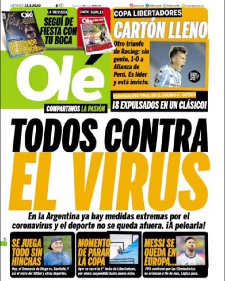 Diario Olé (Argentina) - 'Todos contra el virus'.
