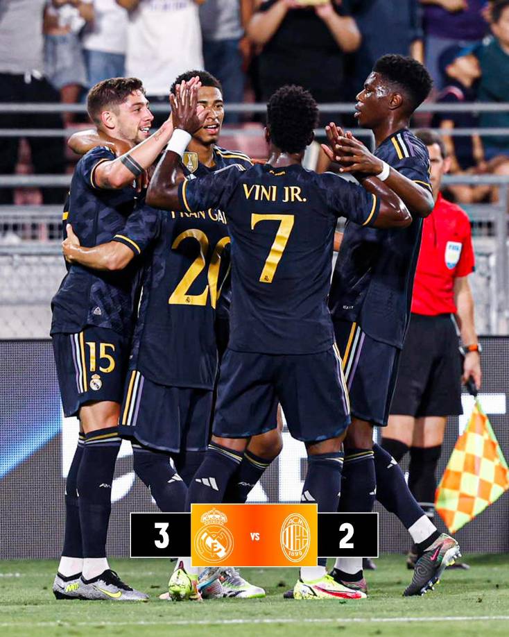 Fede Valverde, con un doblete, y Vinícius Jr., con el tercer y definitivo gol, fueron las figuras este domingo del Real Madrid, que remontó por 3-2 al Milan en el primer partido de su gira de pretemporada en Estados Unidos.