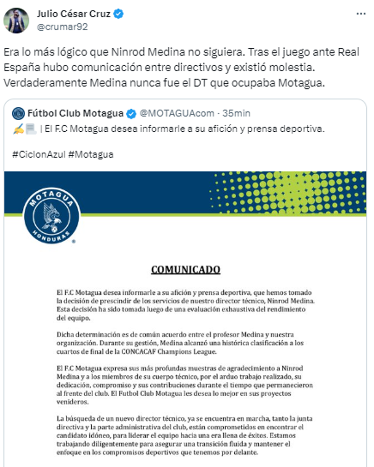 Julio Cruz, periodista de Diario El Heraldo: “Era lo más lógico que Ninrod Medina no siguiera. Tras el juego ante Real España hubo comunicación entre directivos y existió molestia. Verdaderamente Medina nunca fue el DT que ocupaba Motagua”.