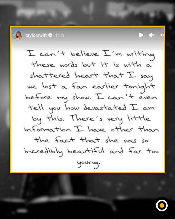 Swift expresó su dolor: “No puedo creer que estoy escribiendo estas palabras, pero con el corazón destrozado les digo que perdimos a una fan esta noche antes de mi show”, expresó en redes Taylor Swift tras el fallecimiento de la joven Ana Clara Benevides Machado, de solo 23 años de edad.