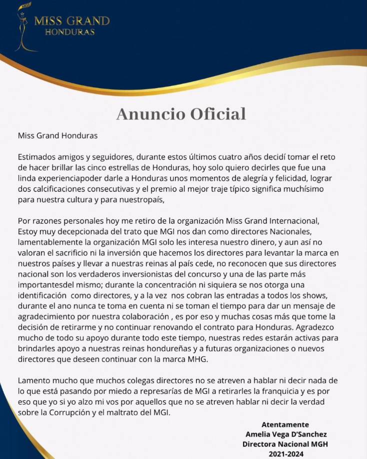 ”Estimados amigos y seguidores, durante estos últimos cuatro años decidí tomar el reto de hacer brillar las cinco estrellas de Honduras, y hoy solo quiero decirles que fue una linda experiencia poder darle a Honduras unos momentos de alegría y felicidad. Lograr dos calificaciones consecutivas y el premio a mejor traje típico significa muchísimo para nuestra cultura y nuestro país”, así comenzó Amelia Vega su mensaje. 