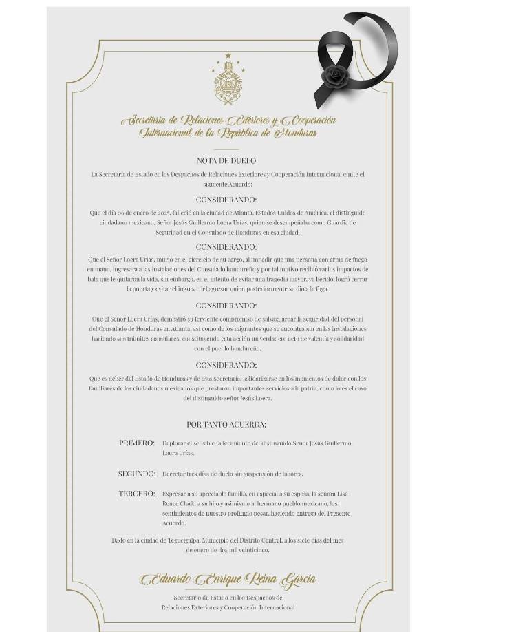 Ante lo sucedido, la Secretaría de Relaciones Exteriores y Cooperación Internacional, lamentó en sus redes sociales la muerte del mexicano.