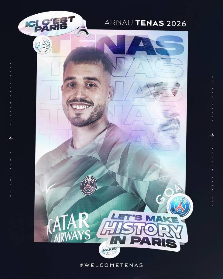 El PSG anunció este domingo el fichaje por tres temporadas del portero español Arnau Tenas, de 22 años y formado en la cantera del Barcelona.