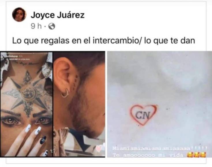 Los usuarios no pierden tiempo, y han hecho comparaciones entre el gran tatuaje de Nodal y el de Belinda, quien solamente se grabó las iniciales de su novio, CN.