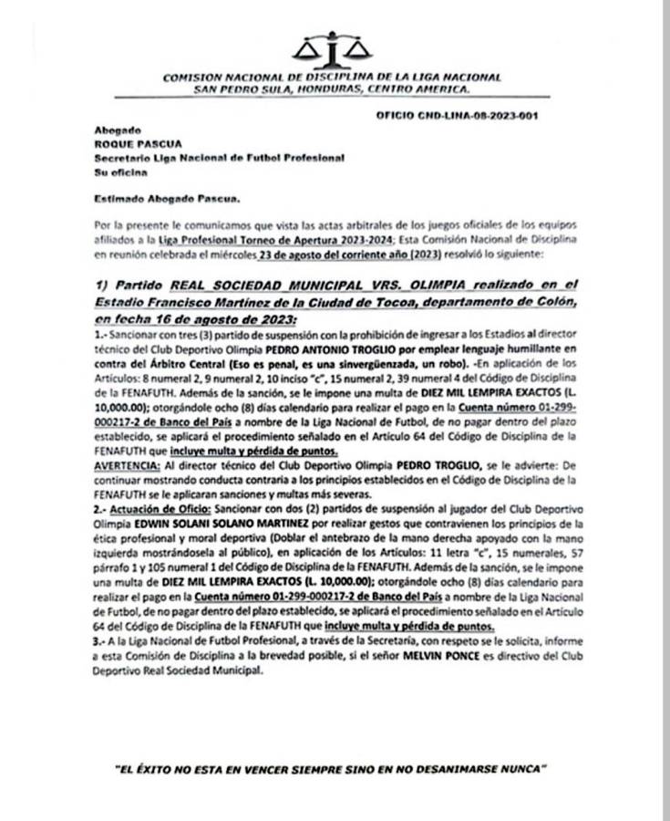 Troglio y Edwin Solani reciben duro castigo por lo ocurrido en Tocoa