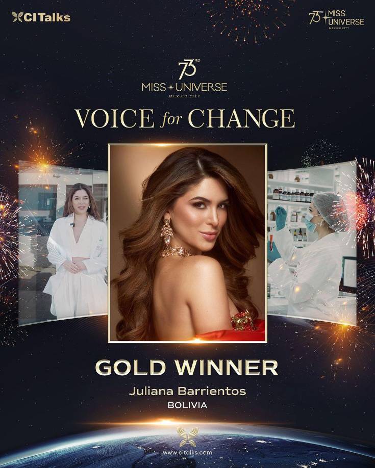 Por su parte Miss Bolivia, impactó al jurado con su proyecto denominado “El esmalte de uñas que salva vidas”, una iniciativa que detecta la presencia de drogas en bebidas.