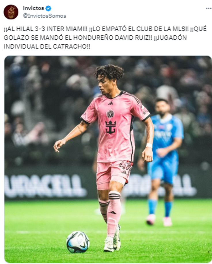 En Invictos también reconocieron el golazo del catracho que significó el 3-3 del Inter Miami ante el Al Hilal.