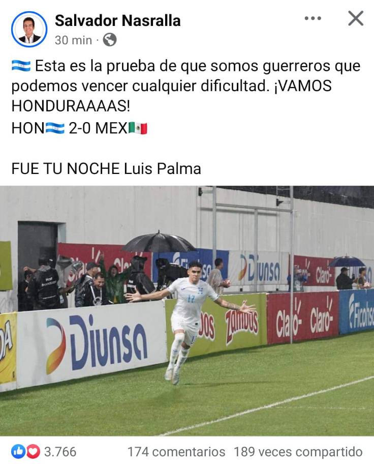 Salvador Nasralla no podía faltar con su reacción en redes sociales. “Fue tu noche Luis Palma” decía parte del mensaje que publicó acompañada de una fotografía de “El Bicho”.