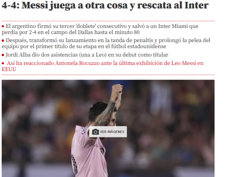 Mundo Deportivo de España: “Messi juega a otra cosa y rescata al Inter”.