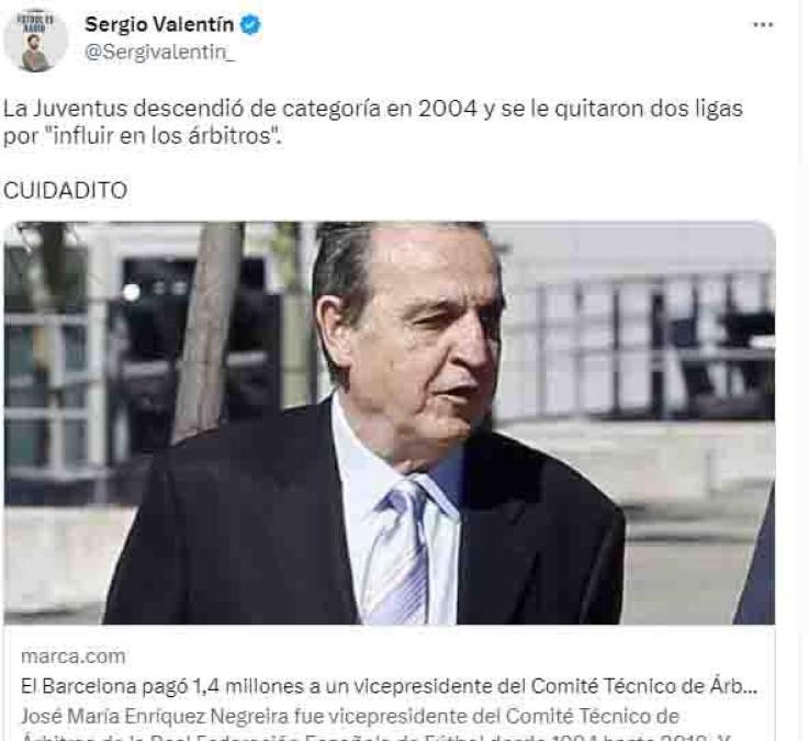 “La Juventus descendió de categoría en 2004 y se le quitaron dos ligas por “influir en los árbitros”, señaló el periodista Sergio Valentín.