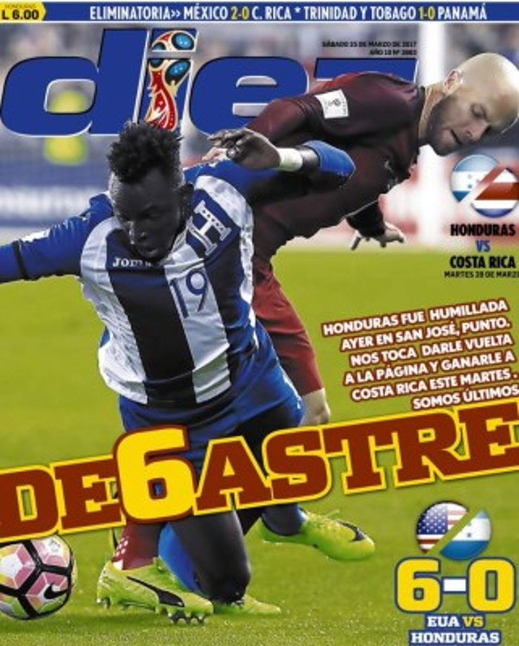 Diario Diez de Honduras sobre la goleada de 6-0 que le propinó EUA a Honduras.