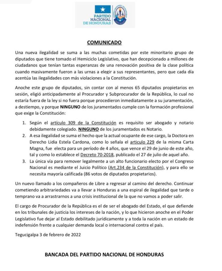 Comunicado del Partido Nacional.