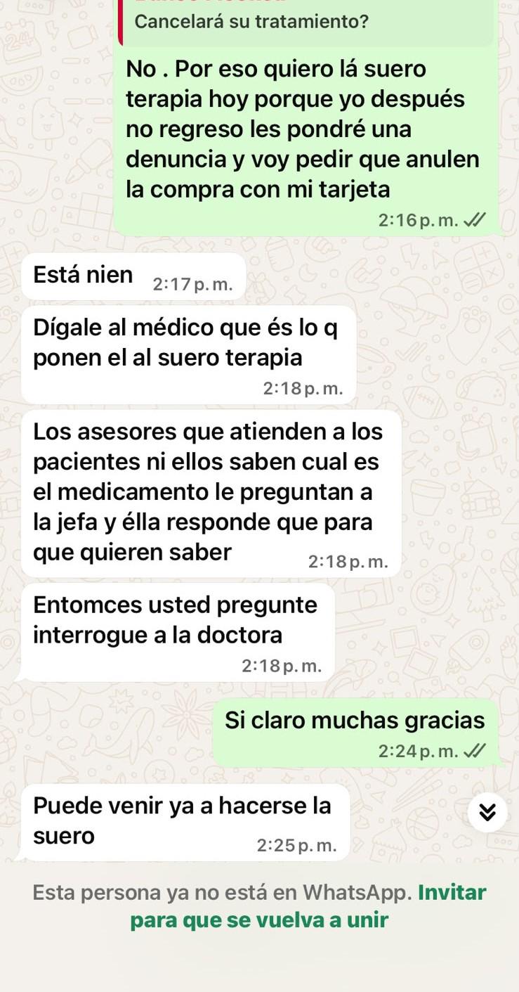 Parte de la conversación entre la paciente y una empleada de Nueva Med durante el proceso de atención.