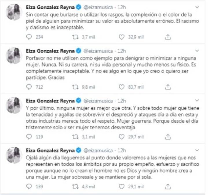 En resumen, estos son los mensajes de Eiza Gonzalez en Twitter, claramente se ha molestado por las comparaciones de sus romances con los de Belinda.