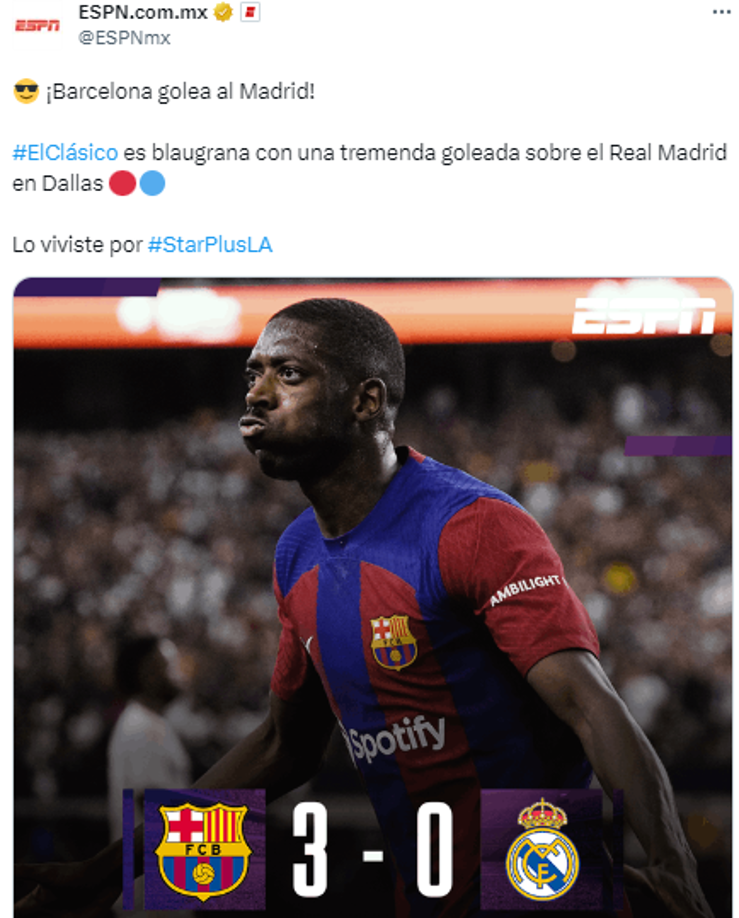 ESPN: “#ElClásico es blaugrana con una tremenda goleada sobre el Real Madrid en Dallas”