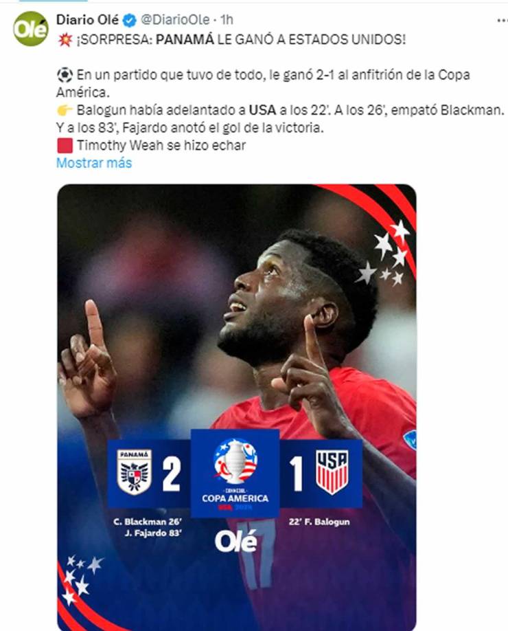 Diario Olé de Argentina - “¡Sorpresa: Panamá le ganó a Estados Unidos! En un partido que tuvo de todo, le ganó 2-1 al anfitrión de la Copa América”.