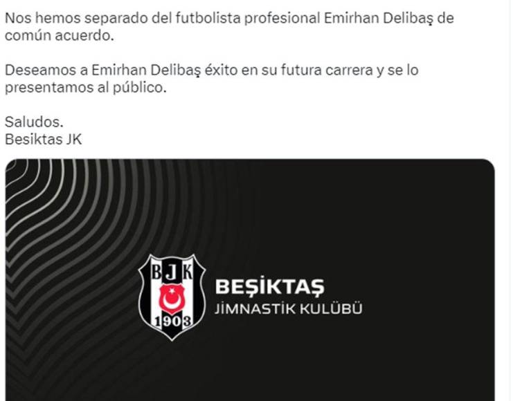 Comunicado del Besiktas donde anuncia el despido del futbolista Emirhan Delibas por usar una app de citas.